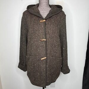 Henry White Coat Womens XL Brown Wool Tweed Hooded Toggle Front Ireland